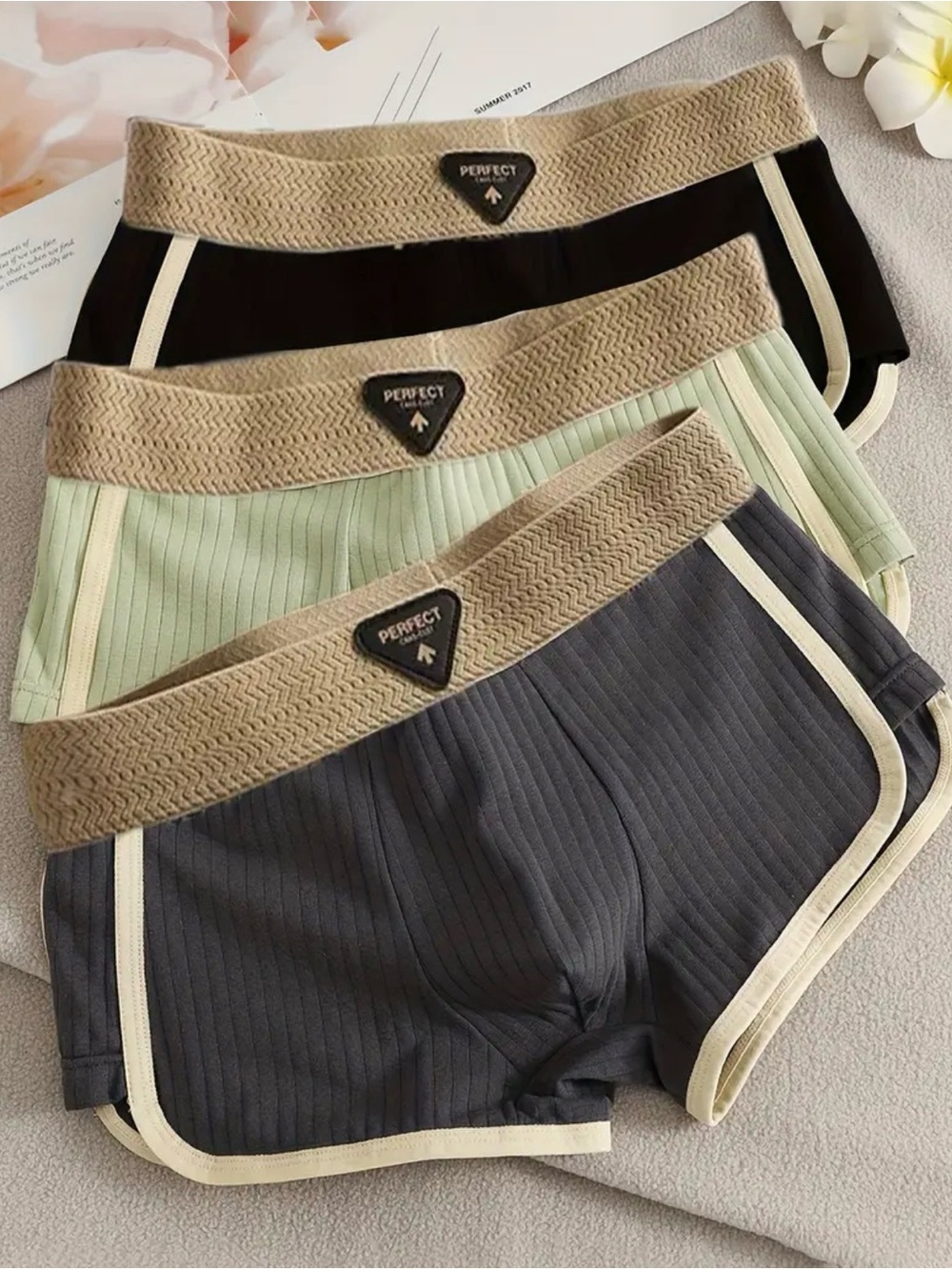 Ribbed Lounge Shorts Trio with Contrast Trim - Black, Mint, Charcoal